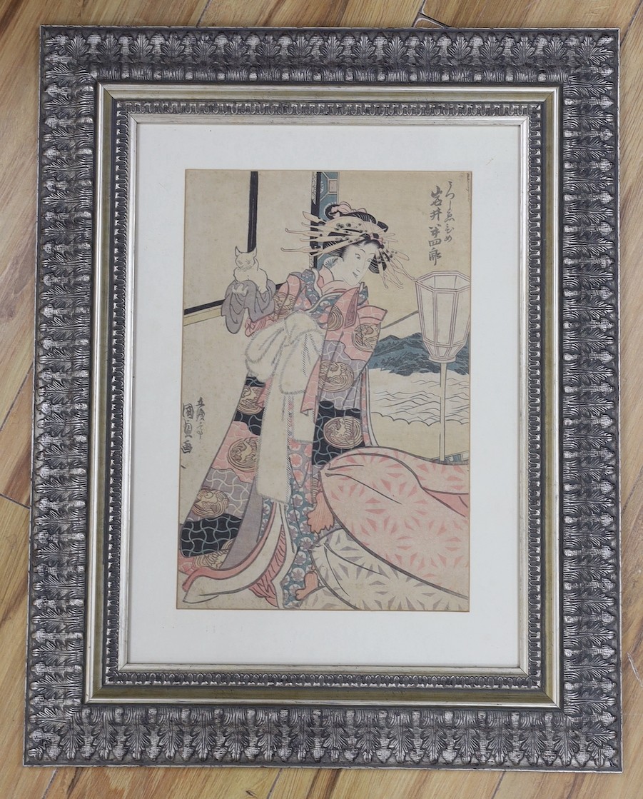 Utagawa Kunisada (1786-1865), woodblock print, Geisha holding a cat, 35 x 23cm